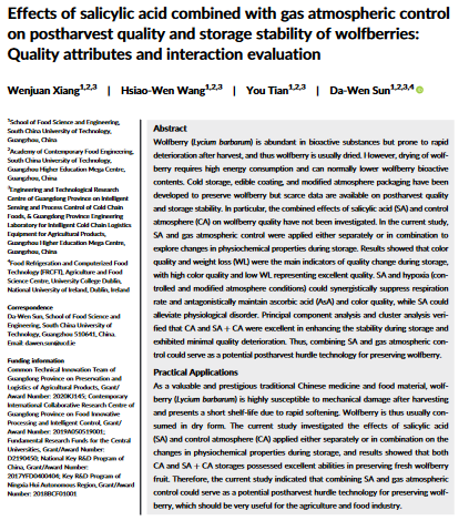 Effetti dell'acido salicilico combinato con il controllo del gas atmosferico sulla qualità post-raccolta e sulla stabilità allo stoccaggio dei wolfberry: attributi di qualità e valutazione dell'interazione-image