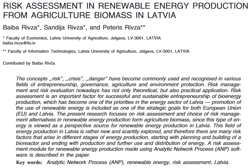 Risk assessment in renewable energy production from agriculture biomass in Latvia-image