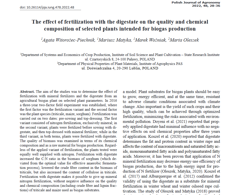 The effect of fertilization with the digestate on the quality and chemical composition of selected plants intended for biogas production-image