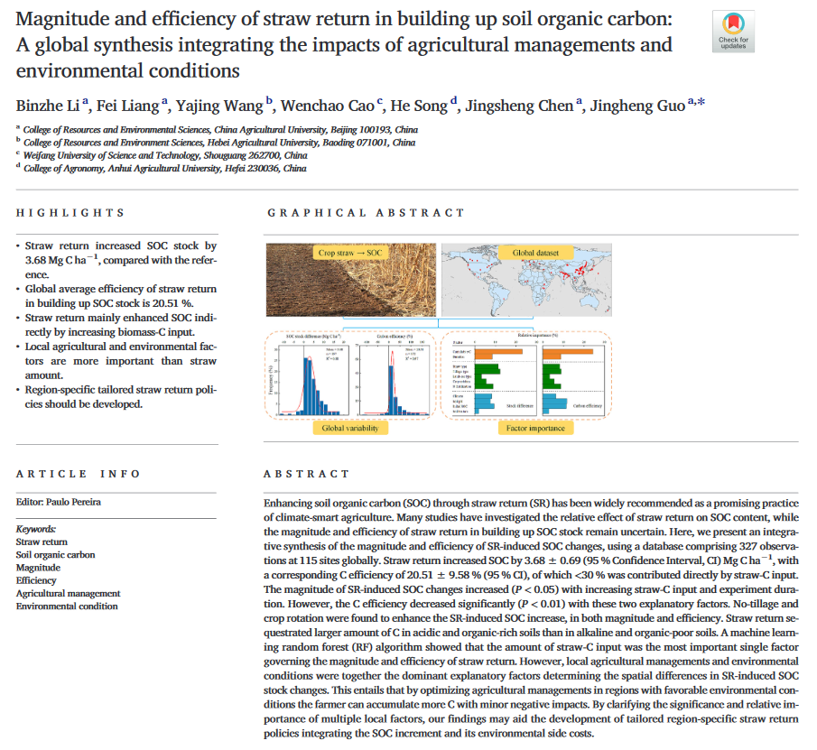 Magnitude and efficiency of straw return in building up soil organic carbon: A global synthesis integrating the impacts of agricultural managements and environmental conditions-image