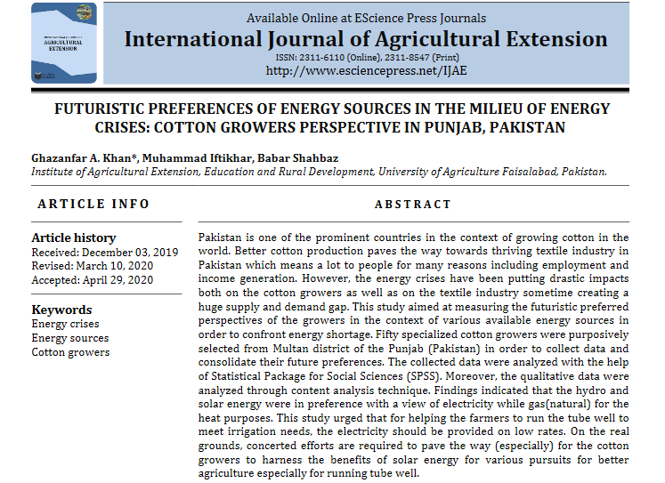Preferenze futuristiche delle fonti energetiche nell'ambiente delle crisi energetiche: prospettiva dei coltivatori di cotone nel Punjab, Pakistan-image