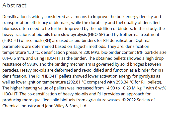 Heavy bio-oils as bio-binders for rice husk densification: Parameter optimization, binding mechanisms and subsequent pyrolysis and combustion performances-image