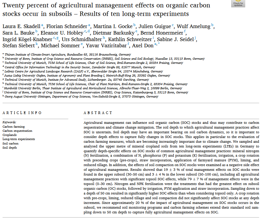 Twenty percent of agricultural management effects on organic carbon stocks occur in subsoils – Results of ten long-term experiments-image