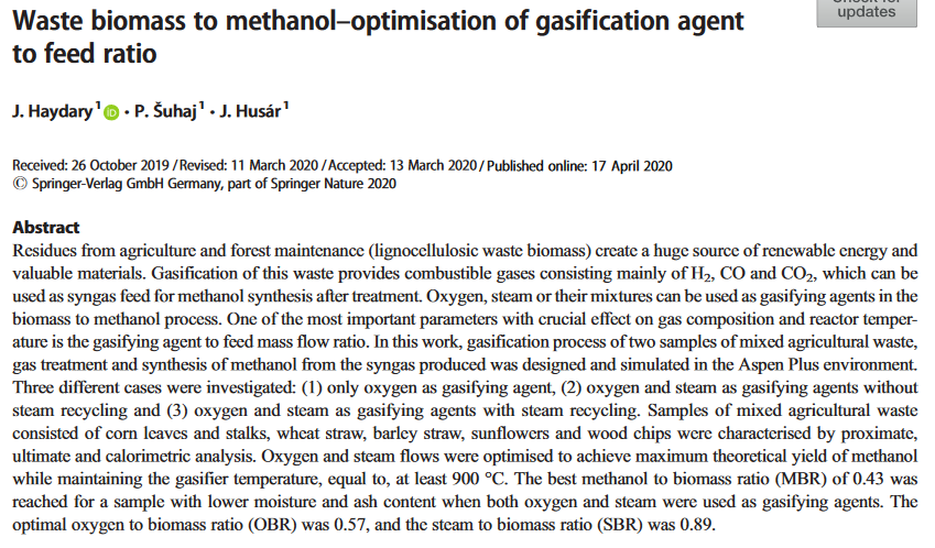 Waste biomass to methanol–optimisation of gasification agent to feed ratio-image