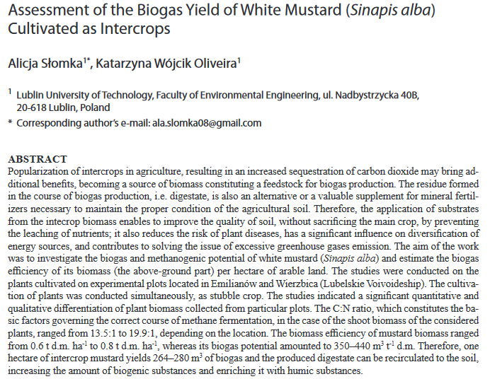 Assessment of the Biogas Yield of White Mustard (Sinapis alba) Cultivated as Intercrops-image
