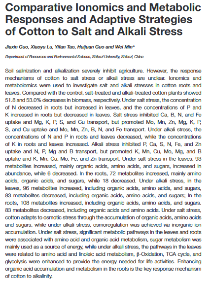 Comparative Ionomics and Metabolic Responses and Adaptive Strategies of Cotton to Salt and Alkali Stress-image
