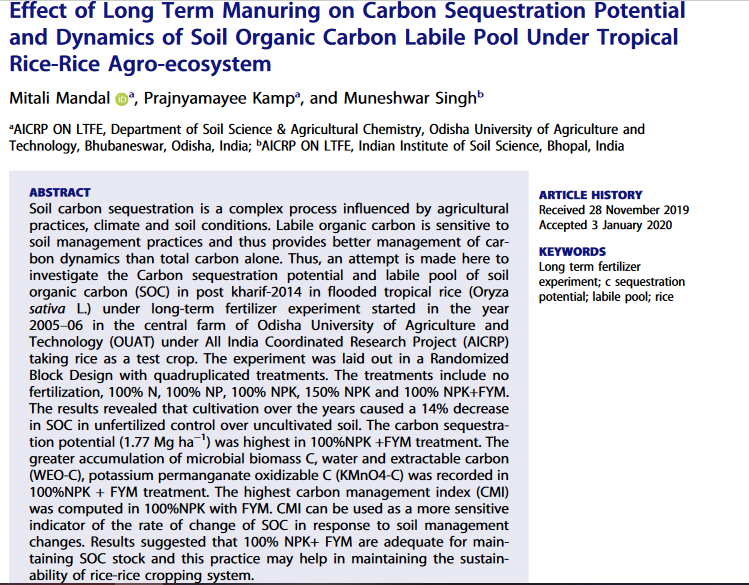 Effect of Long Term Manuring on Carbon Sequestration Potential and Dynamics of Soil Organic Carbon Labile Pool Under Tropical Rice-Rice Agro-ecosystem-image