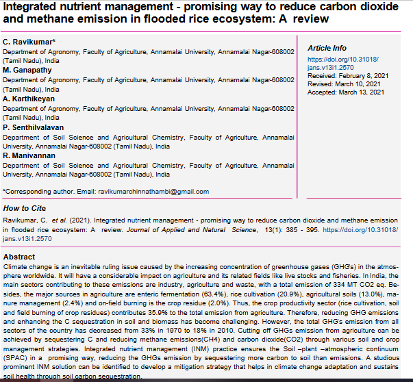 Integrated nutrient management - promising way to reduce carbon dioxide and methane emission in flooded rice ecosystem: A review-image