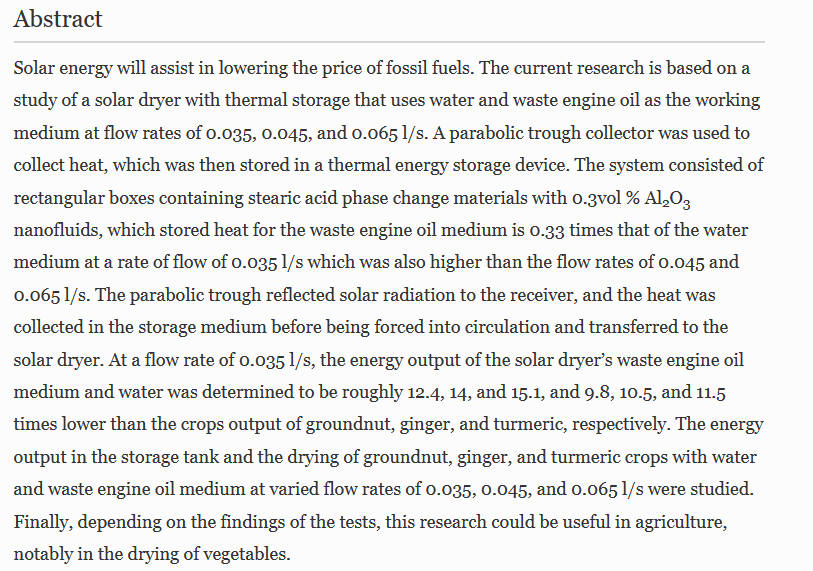 Performance analysis of a solar dryer integrated with thermal energy storage using PCM-Al2O3 nanofluids-image
