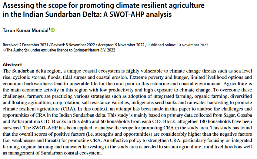 Evaluación de las posibilidades de promover una agricultura resistente al clima en el delta indio de Sundarban: Un análisis SWOT-AHP-image
