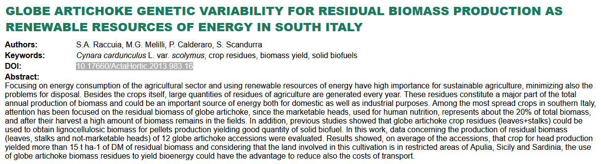 Variabilità genetica del carciofo per la produzione di biomasse residue come risorse energetiche rinnovabili nel Sud Italia-image