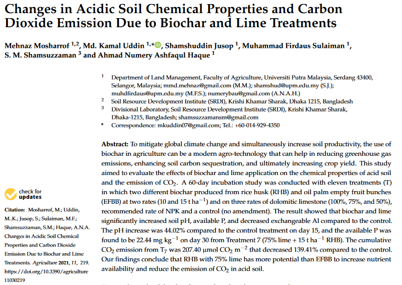 Changes in acidic soil chemical properties and carbon dioxide emission due to biochar and lime treatments-image