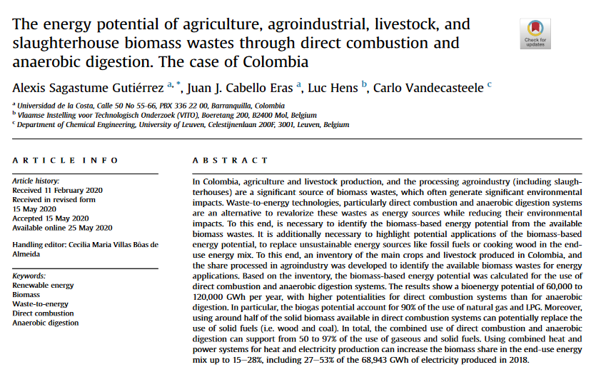 The energy potential of agriculture, agroindustrial, livestock, and slaughterhouse biomass wastes through direct combustion and anaerobic digestion. The case of Colombia-image