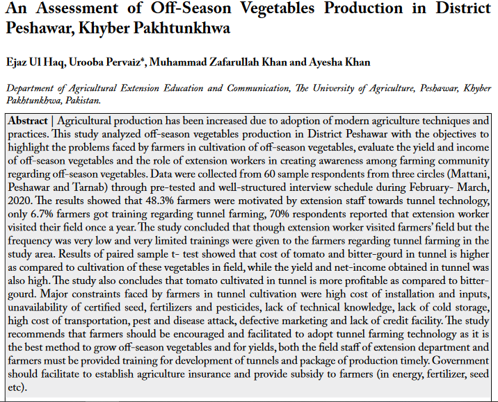En vurdering af off-season grøntsager produktion i District Peshawar, Khyber Pakhtunkhwa-image
