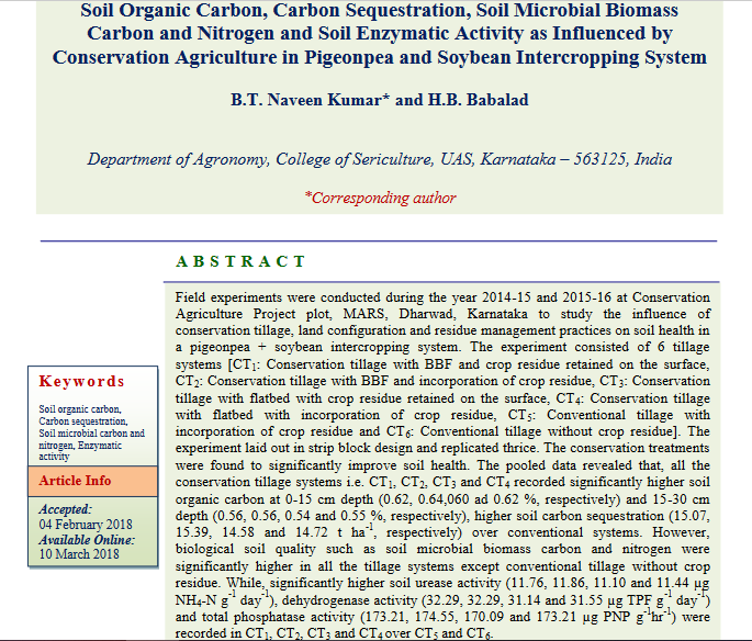 Soil organic carbon, carbon sequestration, soil microbial biomass carbon and nitrogen, and soil enzymatic activity as influenced by conservation agriculture in pigeonpea (Cajanus cajan) + soybean (Gycine max) intercropping system-image