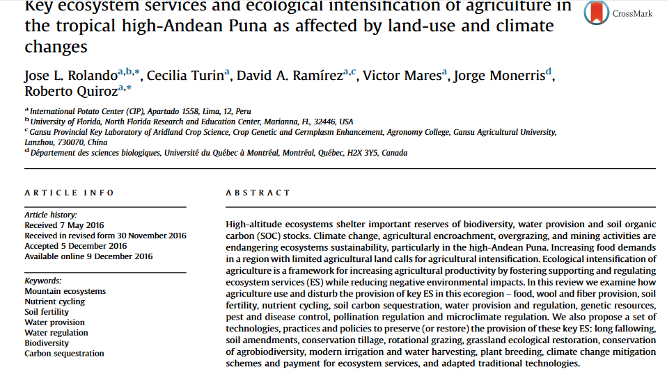 Key ecosystem services and ecological intensification of agriculture in the tropical high-Andean Puna as affected by land-use and climate changes-image