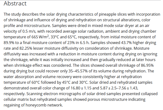 Investigating shrinkage corrected drying characteristics, rehydration, color profile and microstructural evolution during solar drying of pineapple slices-image