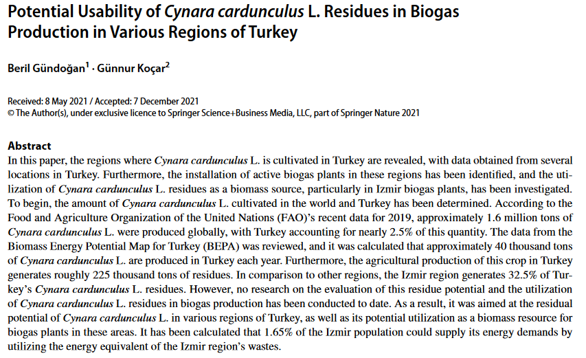 Potential Usability of Cynara cardunculus L. Residues in Biogas Production in Various Regions of Turkey-image