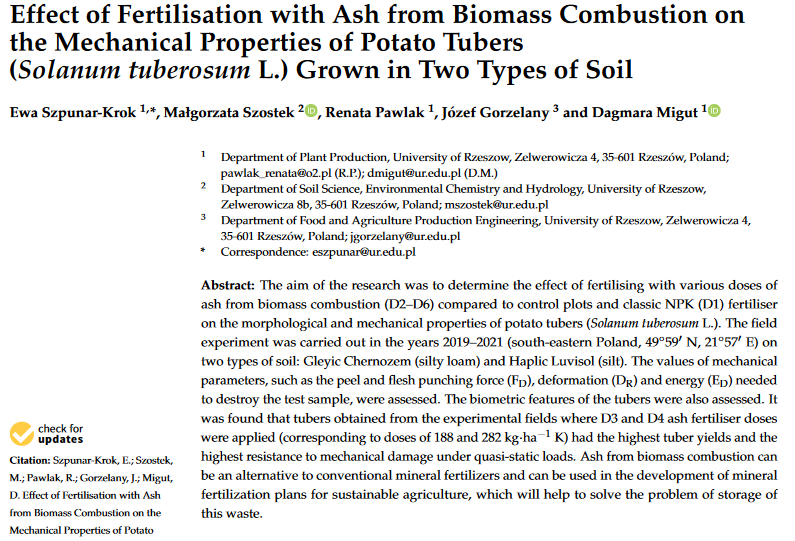 Effect of Fertilisation with Ash from Biomass Combustion on the Mechanical Properties of Potato Tubers (Solanum tuberosum L.) Grown in Two Types of Soil-image