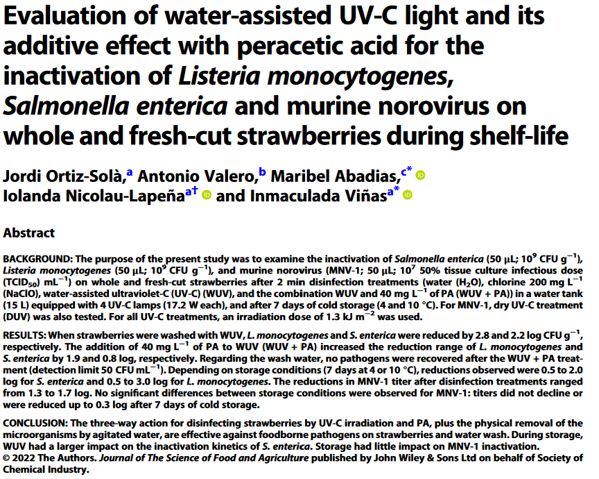 Evaluation of water-assisted UV-C light and its additive effect with peracetic acid for the inactivation of Listeria monocytogenes, Salmonella enterica and murine norovirus on whole and fresh-cut strawberries during shelf-life-image