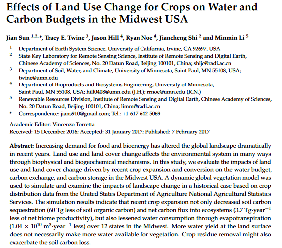 Effects of land use change for crops on water and carbon budgets in the Midwest USA-image