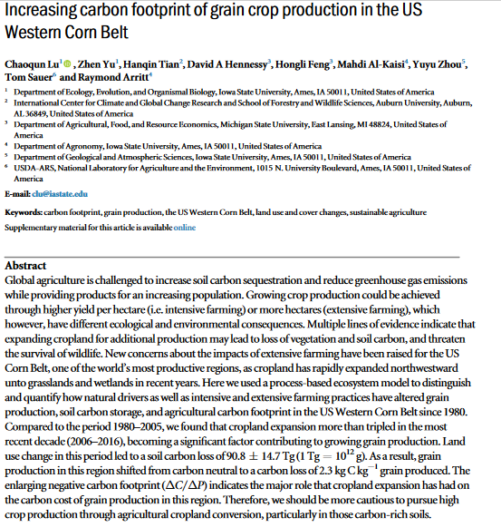 Increasing carbon footprint of grain crop production in the US Western Corn Belt-image