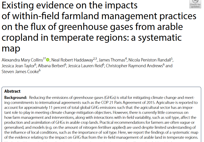 Pruebas existentes sobre el impacto de las prácticas de gestión de las tierras de cultivo dentro del campo en el flujo de gases de efecto invernadero procedentes de las tierras de cultivo en regiones templadas: un mapa sistemático-image