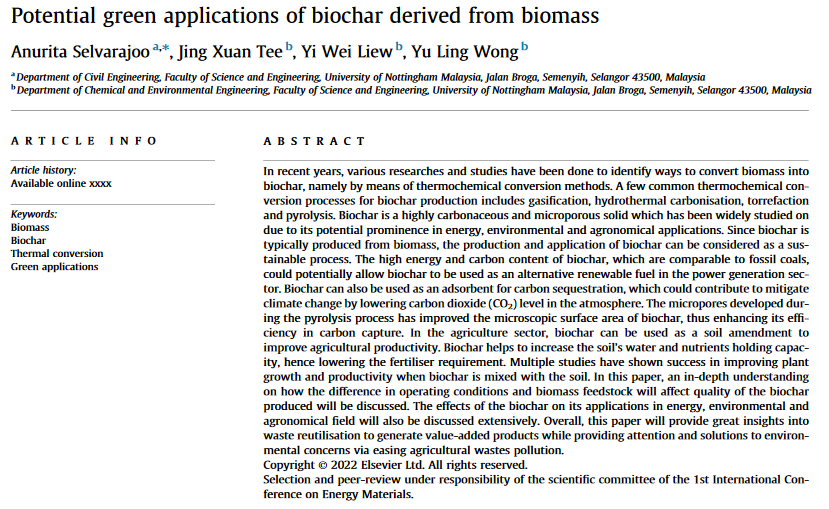 Potential green applications of biochar derived from biomass-image