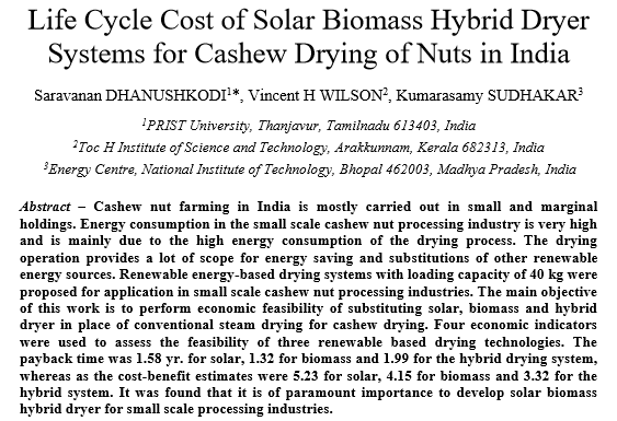 Koszt cyklu życia hybrydowych systemów suszarni solarnych na biomasę stosowanych do suszenia orzechów nerkowca w Indiach-image