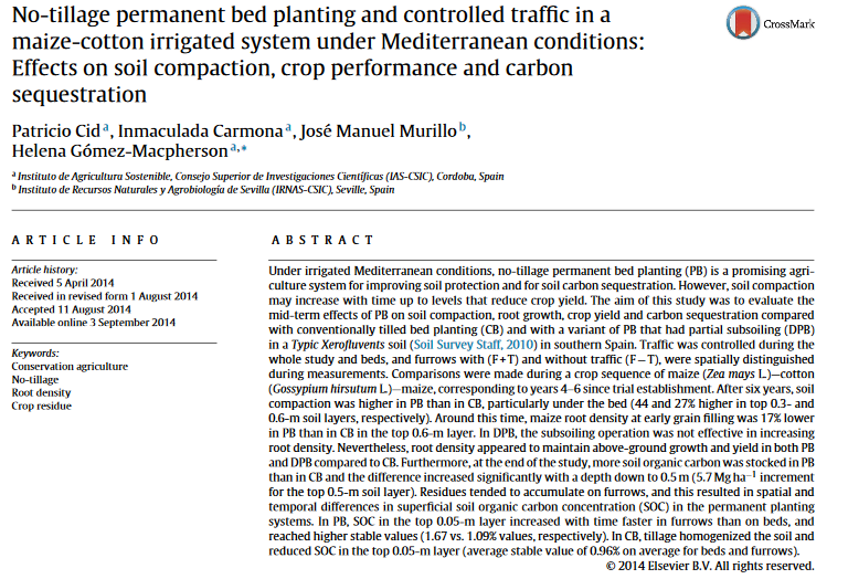 No-tillage permanent bed planting and controlled traffic in a maize-cotton irrigated system under Mediterranean conditions: Effects on soil compaction, crop performance and carbon sequestration-image