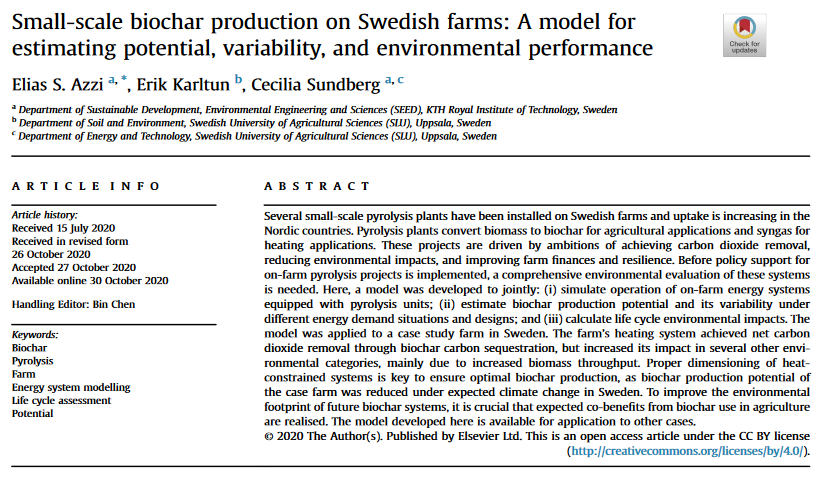 Small-scale biochar production on Swedish farms: A model for estimating potential, variability, and environmental performance-image