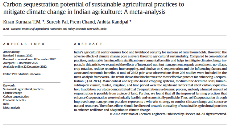 Carbon sequestration potential of sustainable agricultural practices to mitigate climate change in Indian agriculture: A meta-analysis-image