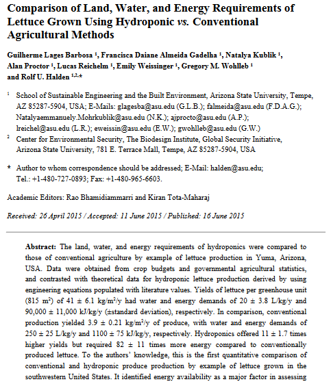 Comparison of land, water, and energy requirements of lettuce grown using hydroponic vs. Conventional agricultural methods-image