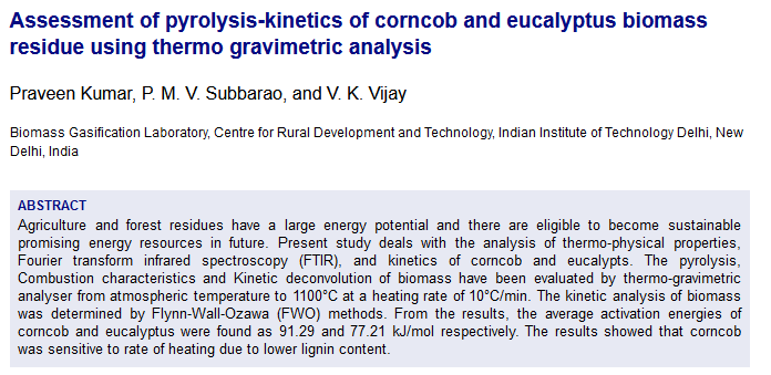 Assessment of pyrolysis-kinetics of corncob and eucalyptus biomass residue using thermo gravimetric analysis-image