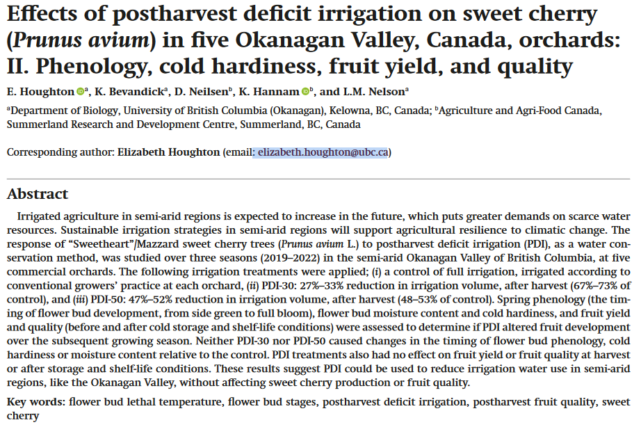Effects of postharvest deficit irrigation on sweet cherry (Prunus avium) in five Okanagan Valley, Canada, orchards: II. Phenology, cold hardiness, fruit yield, and quality-image