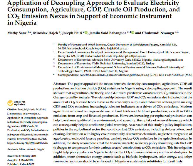 Application of Decoupling Approach to Evaluate Electricity Consumption, Agriculture, GDP, Crude Oil Production, and CO2 Emission Nexus in Support of Economic Instrument in Nigeria-image