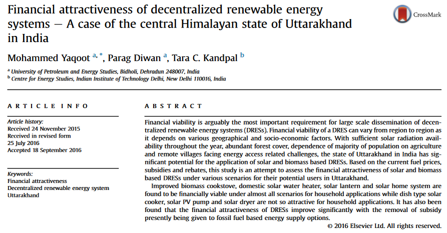 Financial attractiveness of decentralized renewable energy systems – A case of the central Himalayan state of Uttarakhand in India-image