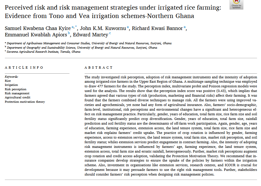 Riesgo percibido y estrategias de gestión del riesgo en el cultivo de arroz de regadío: Datos de los sistemas de riego de Tono y Vea, en el norte de Ghana-image