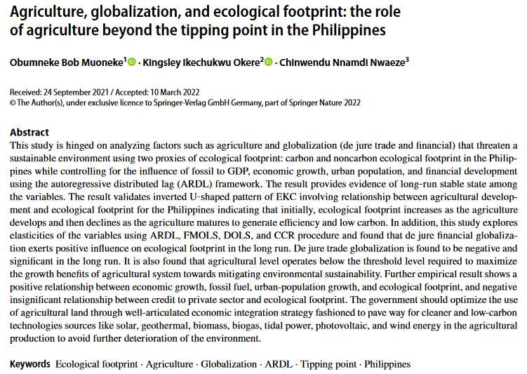 Agriculture, globalization, and ecological footprint: the role of agriculture beyond the tipping point in the Philippines-image