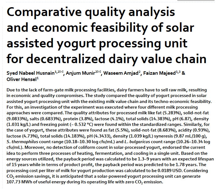 Comparative quality analysis and economic feasibility of solar assisted yogurt processing unit for decentralized dairy value chain-image