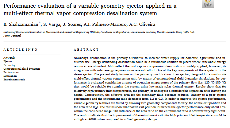 Performance evaluation of a variable geometry ejector applied in a multi-effect thermal vapor compression desalination system-image
