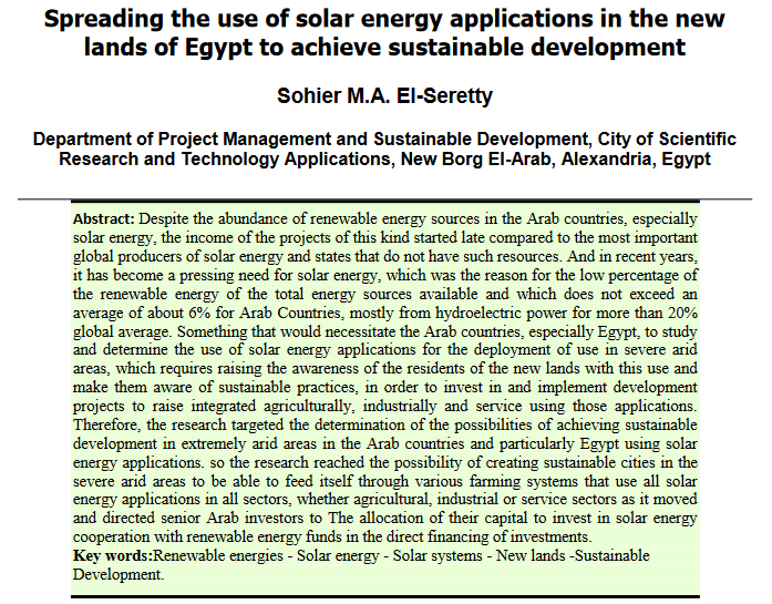Rozpowszechnianie zastosowań energii słonecznej na nowych terenach w Egipcie w celu osiągnięcia zrównoważonego rozwoju-image