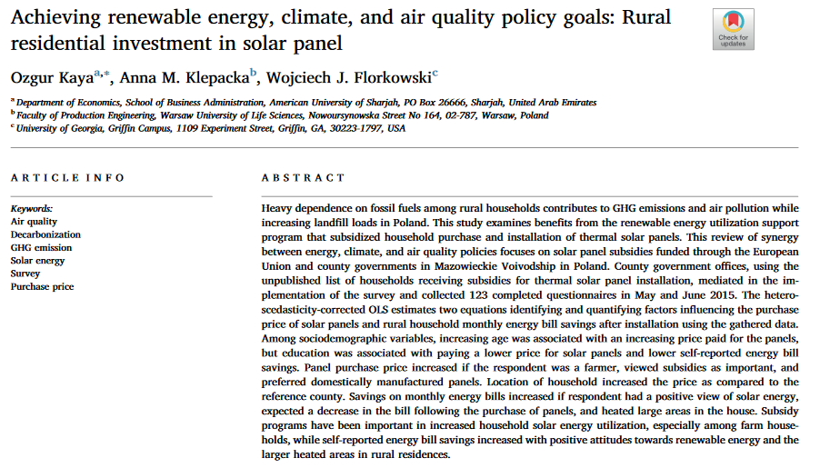 Achieving renewable energy, climate, and air quality policy goals: Rural residential investment in solar panel-image