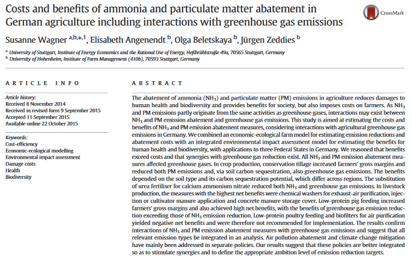 Costs and benefits of ammonia and particulate matter abatement in German agriculture including interactions with greenhouse gas emissions-image