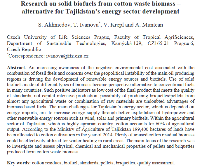Ricerca sui biocombustibili solidi dalla biomassa dei rifiuti di cotone – Alternativa per lo sviluppo del settore energetico del Tagikistan-image