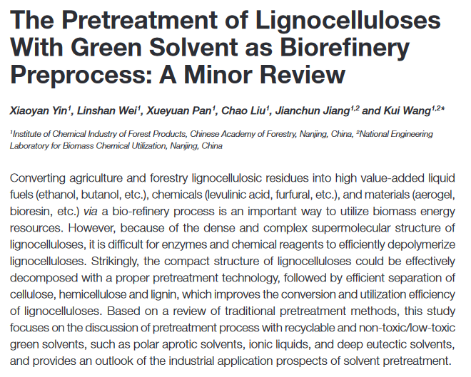 The Pretreatment of Lignocelluloses With Green Solvent as Biorefinery Preprocess: A Minor Review-image