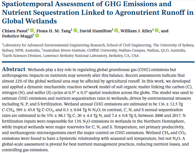 Spatiotemporal Assessment of GHG Emissions and Nutrient Sequestration Linked to Agronutrient Runoff in Global Wetlands-image
