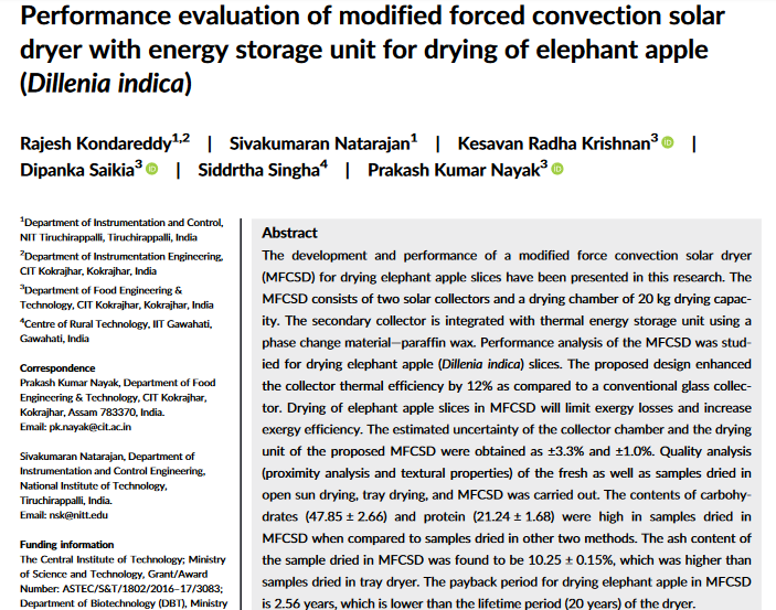 Performance evaluation of modified forced convection solar dryer with energy storage unit for drying of elephant apple (Dillenia indica)-image