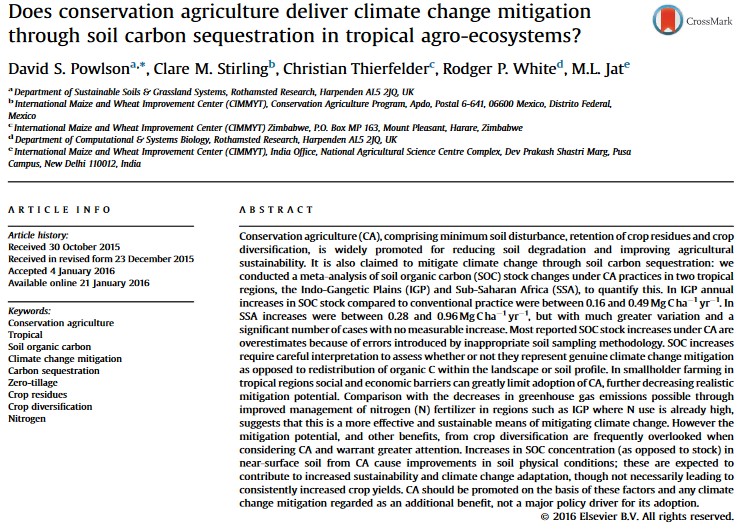 Does conservation agriculture deliver climate change mitigation through soil carbon sequestration in tropical agro-ecosystems?-image
