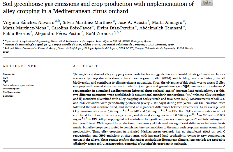 Soil greenhouse gas emissions and crop production with implementation of alley cropping in a Mediterranean citrus orchard-image